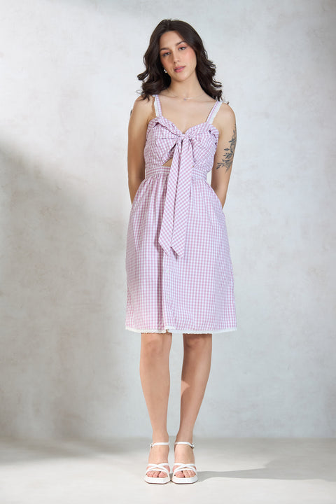 Eileen 100% Cotton Front Tie Lace Detail Dress - Image 3